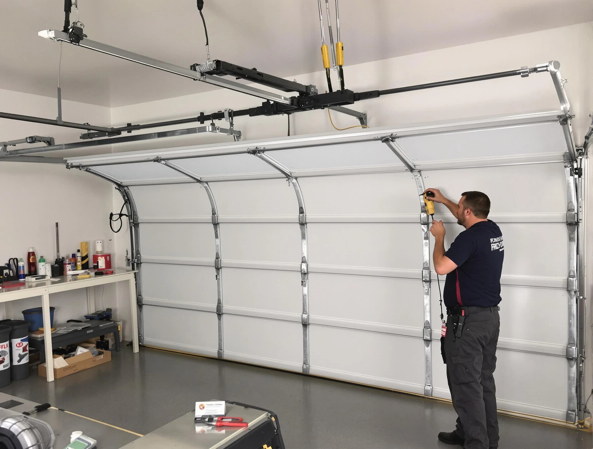 Tewksbury Garage Door Repair certified technician performing overhead door system repair in Tewksbury
