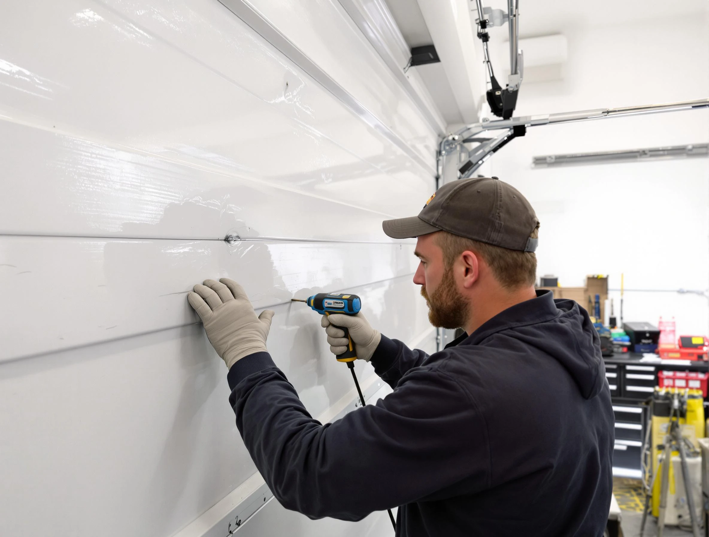 Tewksbury Garage Door Repair technician demonstrating precision dent removal techniques on a Tewksbury garage door