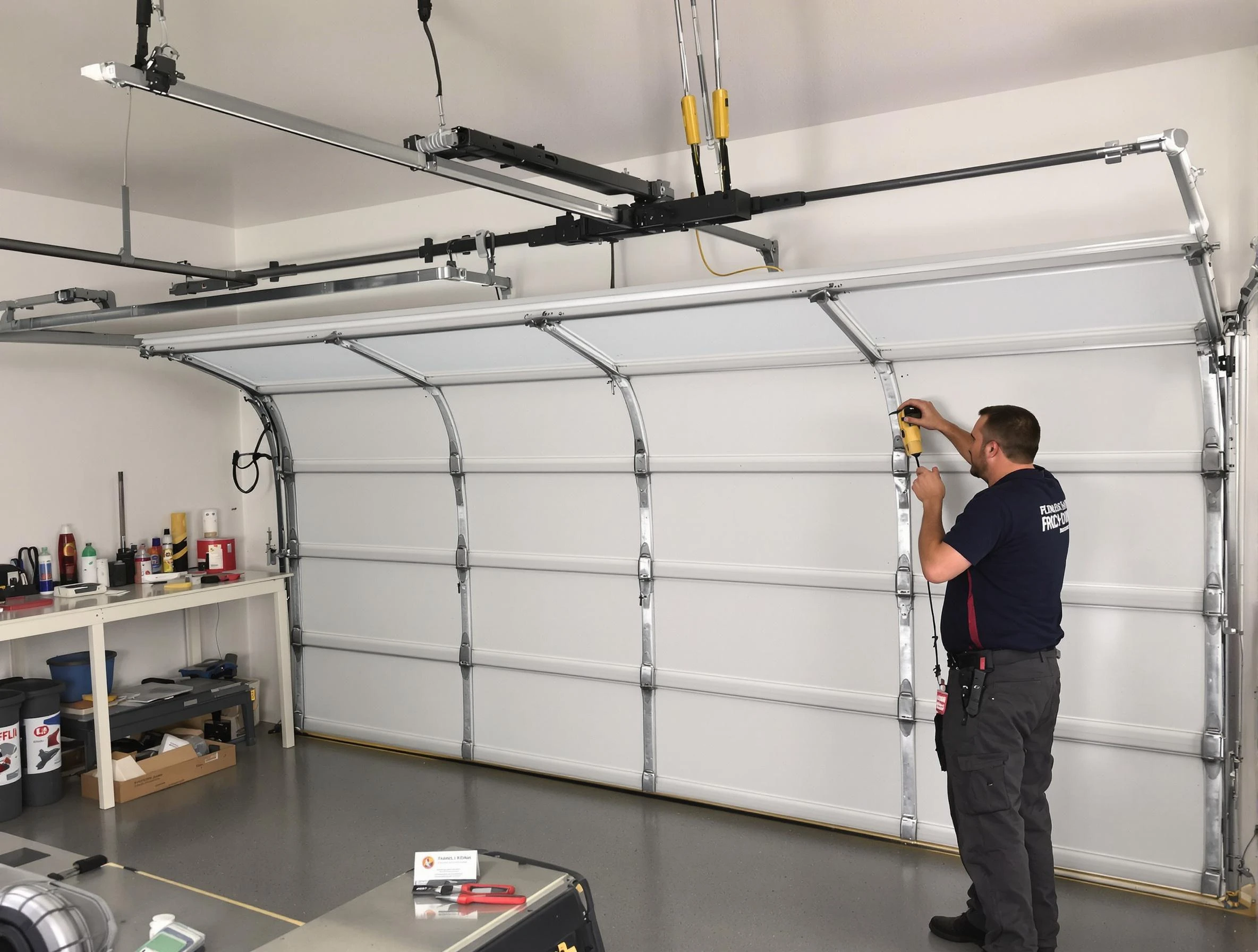 Tewksbury Garage Door Repair certified technician performing overhead door system repair in Tewksbury